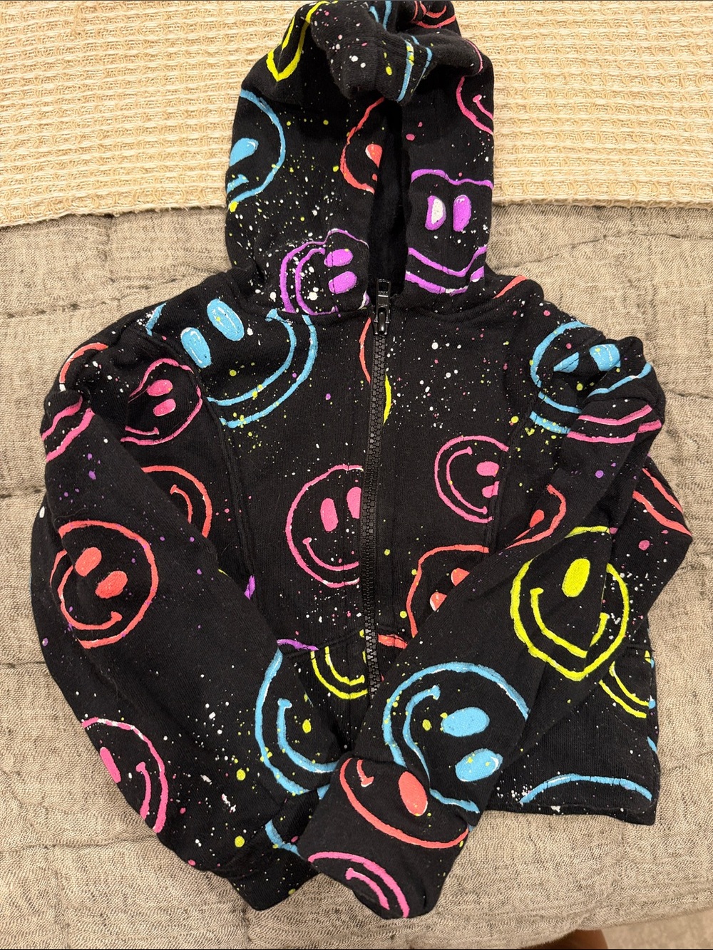 Flowers by Zoe Black Hoodie with Neon Smiley Faces